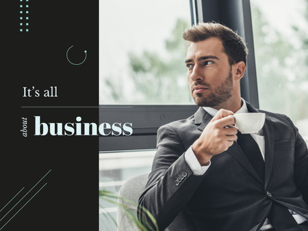 Business Inspiration with Man in Suit Holding Cup Presentation tervezősablon