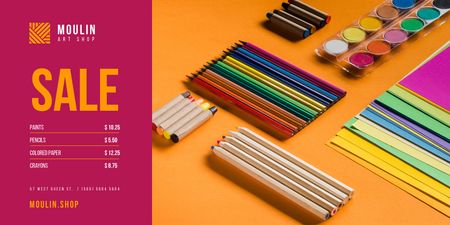 Art Supplies Sale with Colorful Pencils and Paint Twitter Design Template