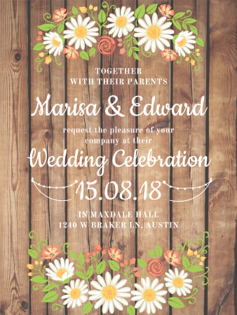Designvorlage Wedding Invitation with Flowers on Wooden Background für Poster US
