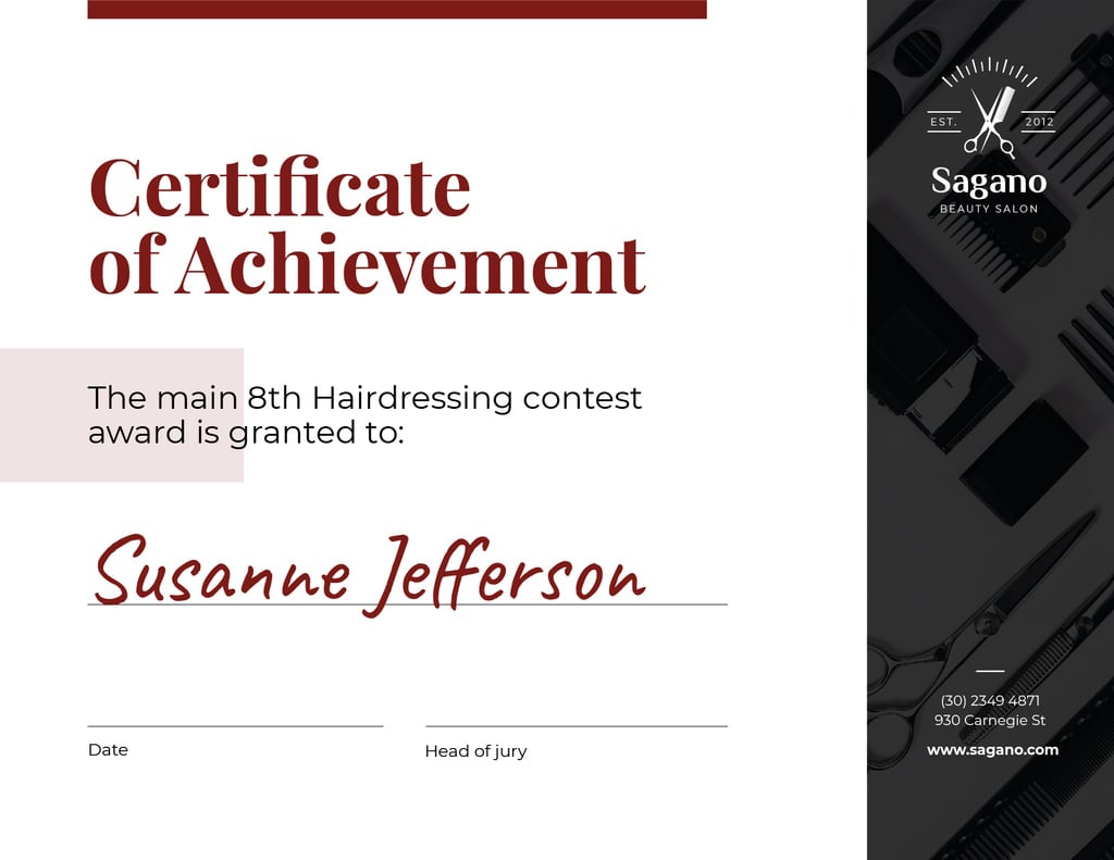 Hairdressing Contest Achievement in black Certificate Design Template