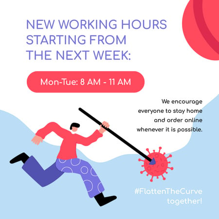 Platilla de diseño Working Hours Rescheduling with man beating Virus Instagram