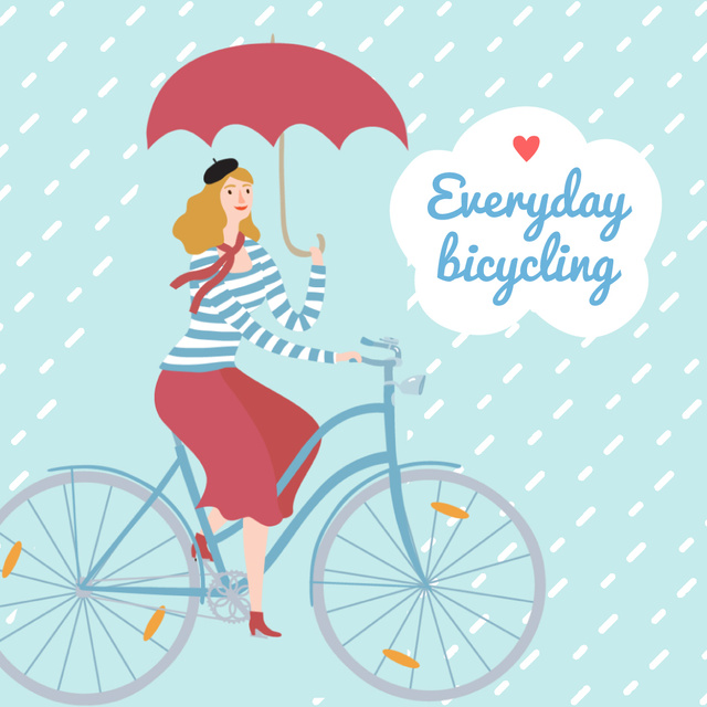 Woman Riding Bicycle With Umbrella Animated Post tervezősablon
