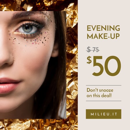Makeup Courses Ad Woman with Creative Makeup in Golden Instagram Design Template