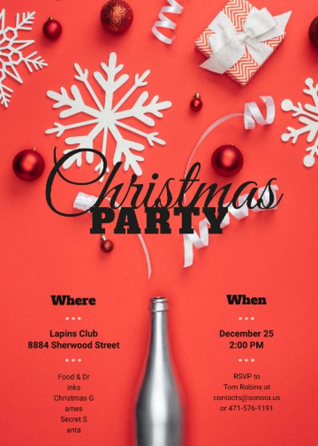 Christmas Party Announcement with Champagne Bottle with Decorations Invitation Design Template