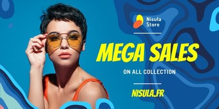 Sunglasses Ad with Beautiful Girl in Blue Waves Twitter Design Template