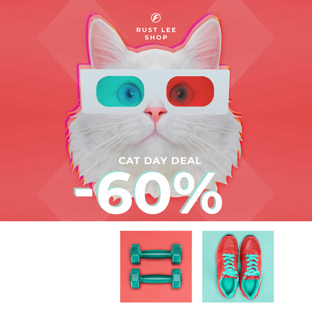 Funny Cat in 3D Glasses and Sports Equipment on Cat Day Animated Post Design Template