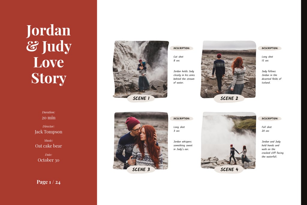 Love Story of Romantic Couple at Waterfall Storyboard Design Template