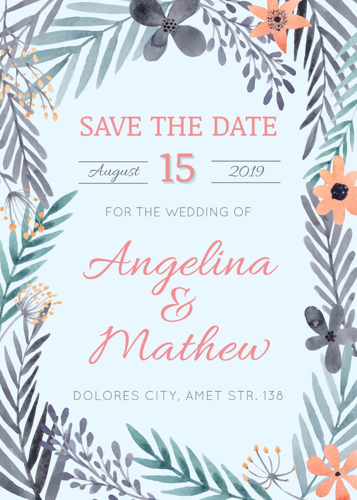 Save the Date Flowers Frame in Blue Flayer Modelo de Design