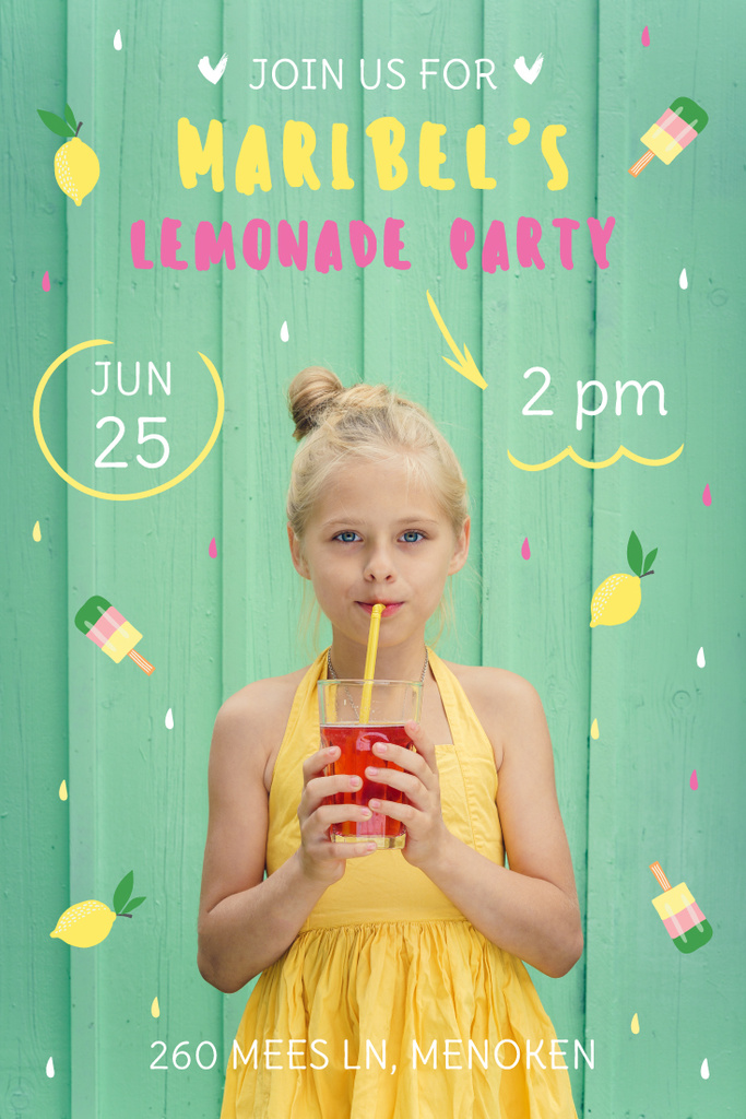 Platilla de diseño Kids Party Invitation with Girl Drinking Lemonade Pinterest
