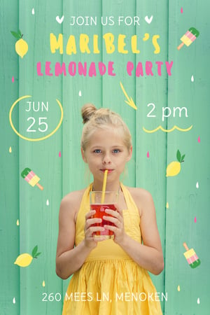 Kids Party Invitation with Girl Drinking Lemonade Pinterest Design Template