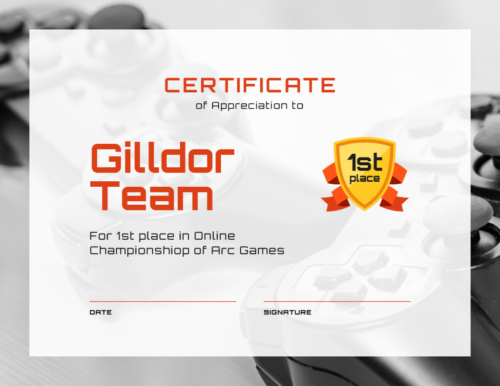 Video Games Championship Appreciation with Joysticks Certificate Šablona návrhu
