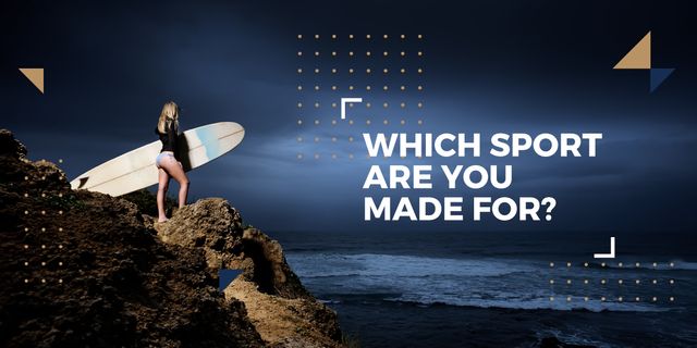 Surfing School Woman with Board in Blue Image Design Template