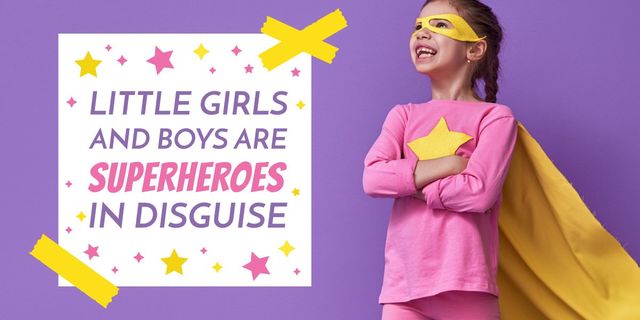Platilla de diseño Cute Little Girl Poses Superhero Image