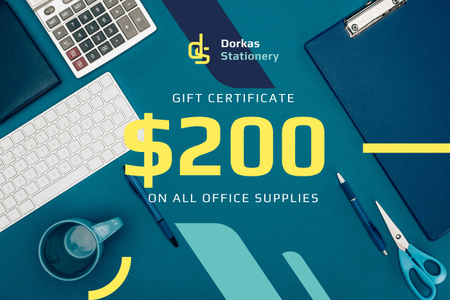 Office Supplies Ad with Stationery and Keyboard in Blue Gift Certificate Modelo de Design