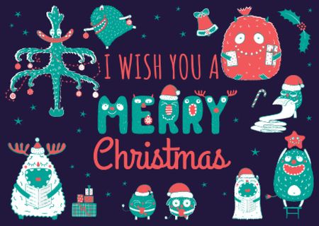 Merry Christmas Greeting with Funny Monsters Card Design Template