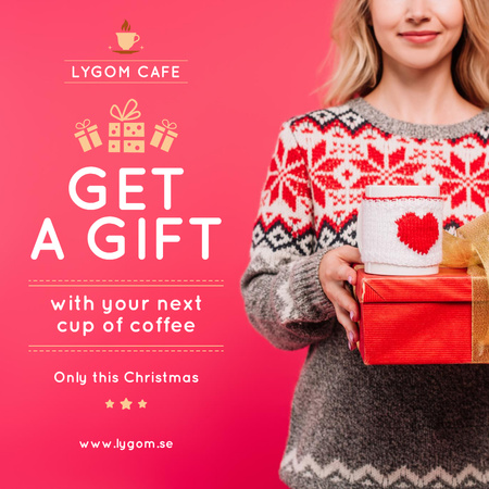 Christmas Offer Woman Holding Present and Coffee Cup Instagram Design Template