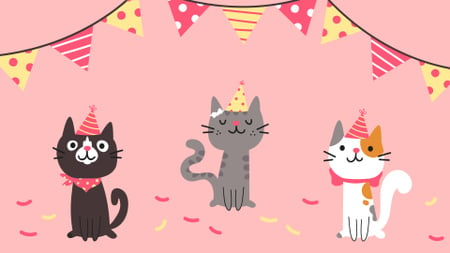 Cute Birthday Cats in caps Zoom Background Design Template