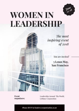 Designvorlage Leadership event ad with Businesswoman and building für Invitation