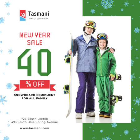 New Year Sale Offer Kids with Snowboards Instagram Design Template