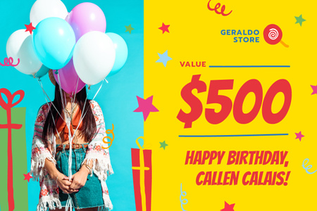Birthday Sale with Girl with Balloons Gift Certificate Tasarım Şablonu