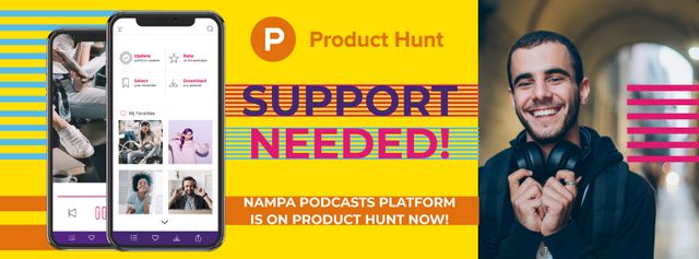 Ontwerpsjabloon van Facebook cover van Product Hunt Campaign with Man Wearing Headphones