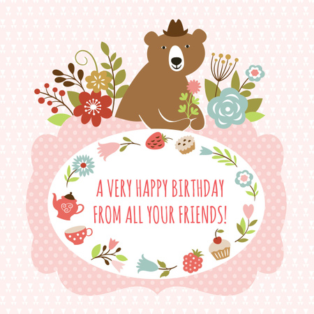 Happy birthday greeting with Bear and Flowers Instagram AD Design Template
