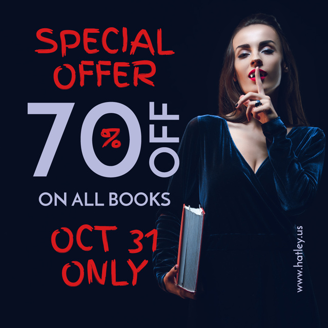 Halloween Books Sale Woman Showing Silence Gesture Instagram Πρότυπο σχεδίασης