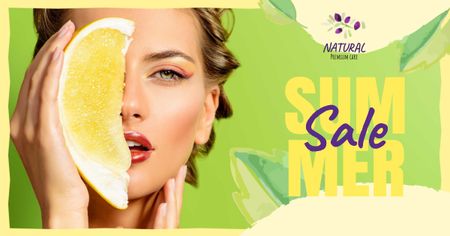 Template di design Summer Sale with Woman holding Pomelo fruit Facebook AD