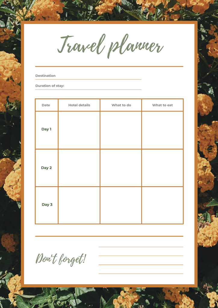 Travel Planner in Yellow Flowers Frame Schedule Planner Design Template