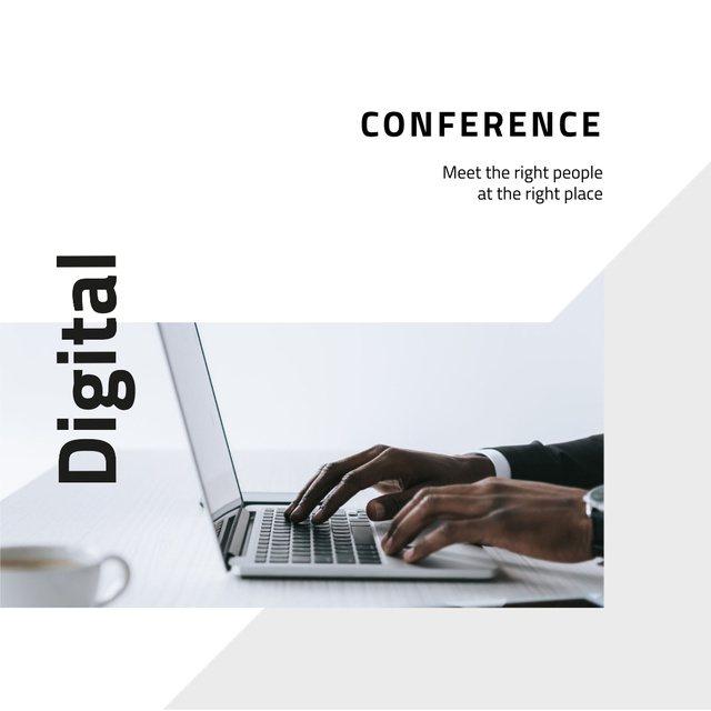 Business conference announcement with Man by Laptop Instagram tervezősablon