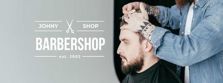 Plantilla de diseño de Hairstyles workshop ad with client at Barbershop Facebook cover 