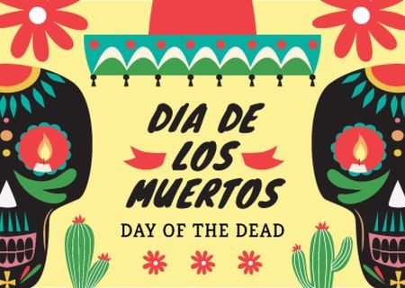 Day of the dead Announcement with Festive Skulls Postcard Design Template