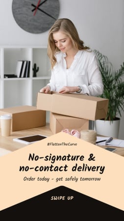 Platilla de diseño #FlattenTheCurve Delivery Services offer Woman with boxes Instagram Story