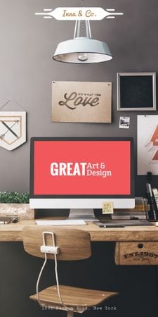 Template di design agenzia di progettazione annuncio con schermo del computer sul tavolo di lavoro Graphic