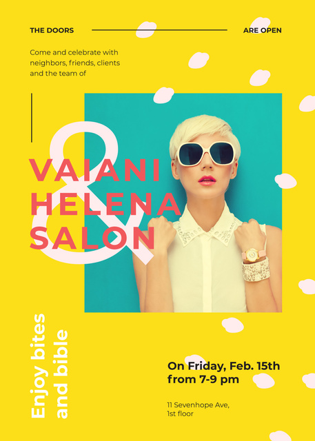 Designvorlage Salon Ad with Young Woman in Sunglasses für Invitation