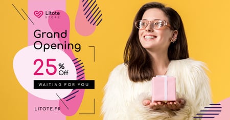 Store Opening Announcement Woman with Gift Box Facebook AD Modelo de Design