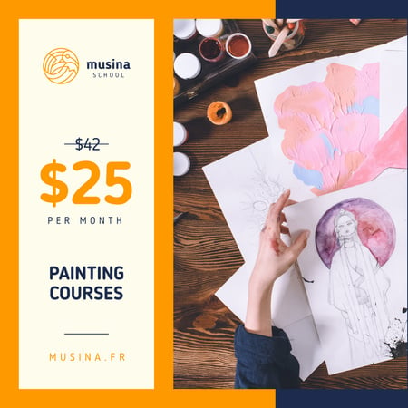 Painting Courses Offer Creative Female Portrait Instagram AD Design Template