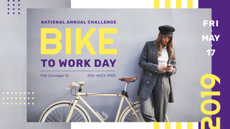 Bike to Work Day Challenge Girl with Bicycle in city FB event cover Design Template
