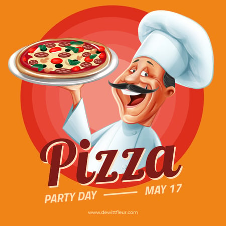 Pizza Party Day with Smiling Chef Instagram Design Template