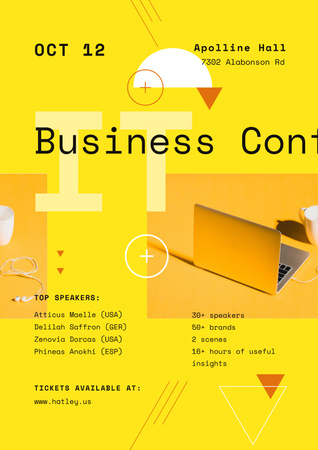 Business Conference Announcement with Laptop in Yellow Poster tervezősablon