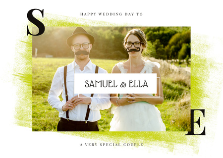 Wedding Greeting Newlyweds with Mustache Masks Card Design Template