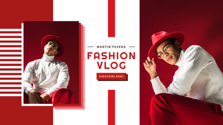 Fashion Trends with Stylish Man in Red Youtube Design Template