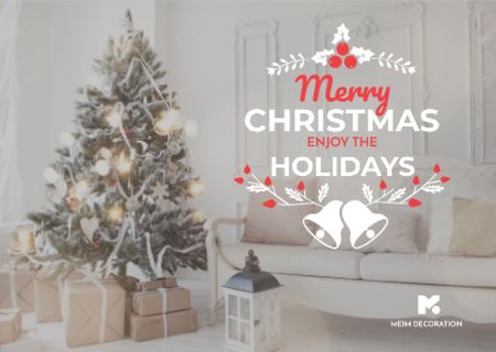 Merry Christmas Greeting with Decorated Tree in Room Card – шаблон для дизайну
