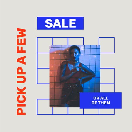 Fashion Sale with Stylish Woman in neon lights Instagram Design Template