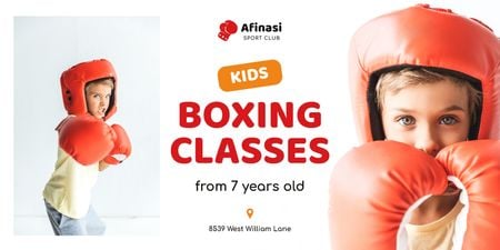 Plantilla de diseño de Anuncio de clases de boxeo con niño con guantes rojos Twitter 