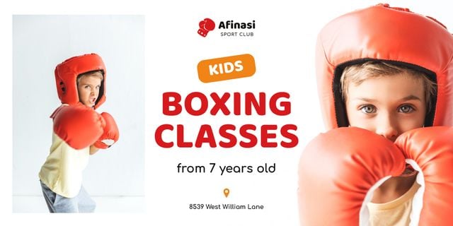 Boxing Classes Ad with Boy in Red Gloves Twitter Tasarım Şablonu