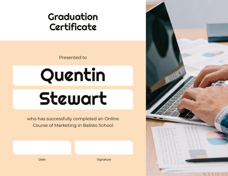 Online Marketing Program Graduation with laptop Certificate Design Template