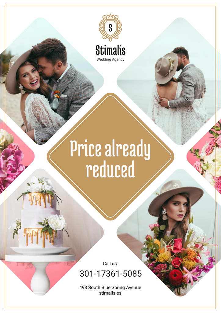 Wedding Agency Services Ad with Happy Newlyweds Couple Poster Design Template
