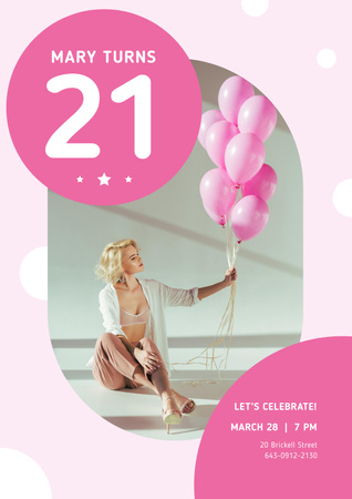 Birthday Party Invitation with Girl with Pink Balloons Poster Tasarım Şablonu