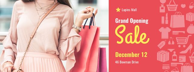 Plantilla de diseño de Store Grand Opening Announcement Woman with Shopping Bags Facebook cover 